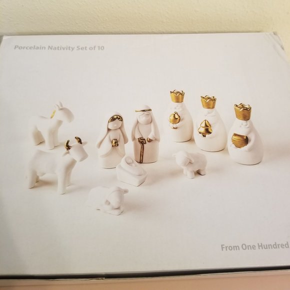 One Hundred 80 Degrees Porcelain Nativity Gold White 10 Pc Christmas Decor Holid
